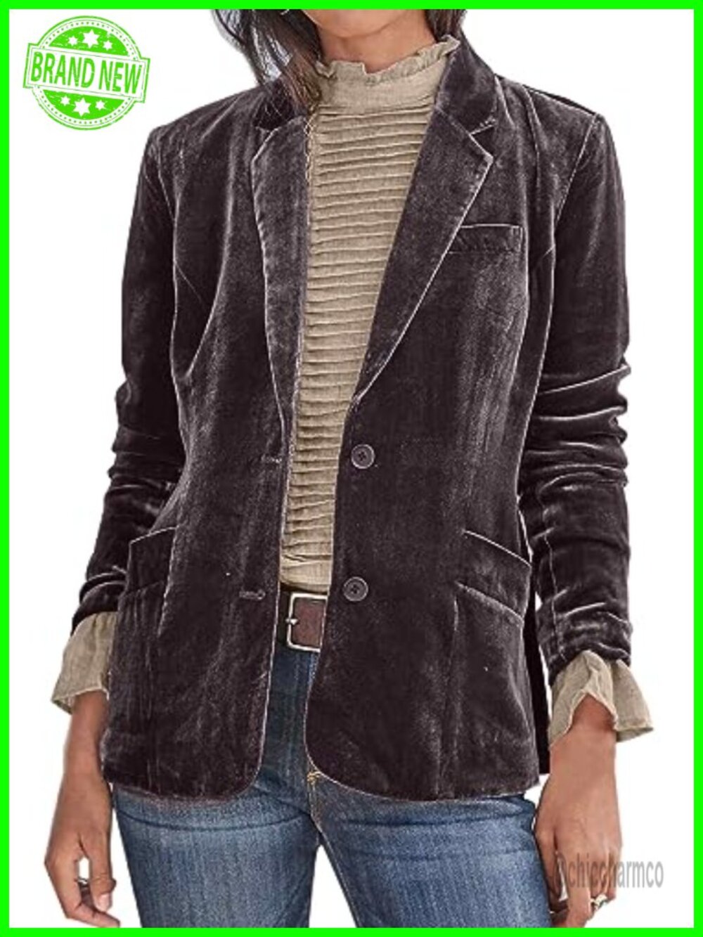 Velvet Blazer Jacket Open Front Button Casual Office Party
